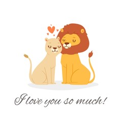 I love you lion lettering vector illustration. Cartoon flat cute happy lion couple sitting together with pink loving hearts on romantic date. Valentine day celebration card isolated on white