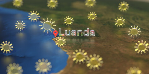 Sunny weather icons near Luanda city on the map, weather forecast related 3D rendering