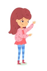 Happy girl explaining or showing something. Joyful smiling child with cheerful face expression. Cute kid in good mood talking and pointing with finger vector illustration