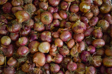 A heap of onions in the market. Onion is an integral spice of almost all Indian recipes. It is also an important cash crop in India.