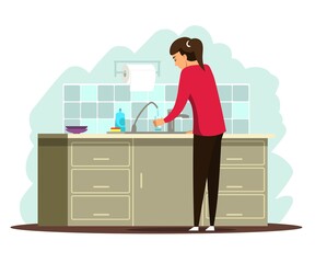 Woman drinking pure water at home. Girl pouring drink from tap at house. Healthy lifestyle vector illustration. Cartoon character at kitchen, female being thirsty and tired