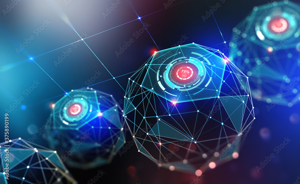Poster Digital mind. Work on creation of artificial intelligence. Wireless network technology. 3D illustration of an innovative processor in global cyberspace of the future