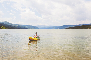 River kayaker man , kayaking on Danube river , Summer Vacation