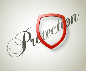 Protection font lettering & transparent shield concept. Safety badge icon. Privacy banner shield. Security label. Defense shield tag. Presentation sticker shape. illustration background