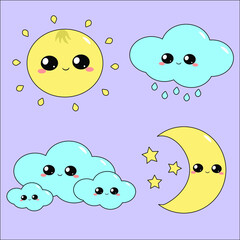 The sun, clouds, moon, stars and rainy cloud