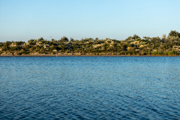 Fototapeta na wymiar Beach of the blue sea with vegetation and sand, nature reserve