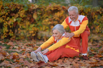 Fit senior couple exercising in autumn park