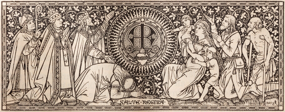 BRATISLAVA, SLOVAKIA, NOVEMBER - 21, 2016: The lithography of Virgin Mary initials in Missale Romanum by artist by unknown astist (1881) and printed by Typis Friderici Pustet.