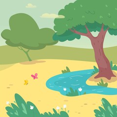 Fototapeta na wymiar Sunny park with pond on summer day. Trees, sky with clouds, butterfly, grass and lawn background. Relaxing scene in nature vector illustration. Horizontal view of beautiful landscape