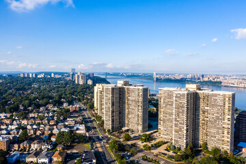 Aerial of NYC Skyline from Edgewater New Jersey 