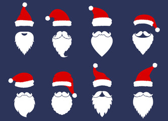 Santa hats, mustache and beards collection. Christmas elements for greeting design. New Year. 