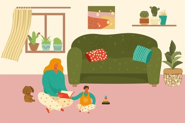 Mom and baby home composition, woman reads book to child, cozy room, happy family, design cartoon style vector illustration. mother takes care child, apartment is safe for living, joyful motherhood.