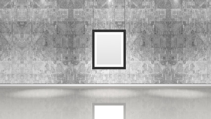 Art museum wall with a single vertical frame. Horizontal image. Industrial style modern museum. 3D rendering.