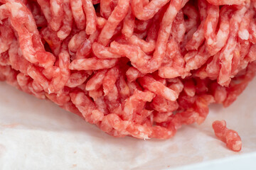Close-up of minced pork and beef rolled in a meat grinder, minced meat for cooking. Healthy food concept, natural food