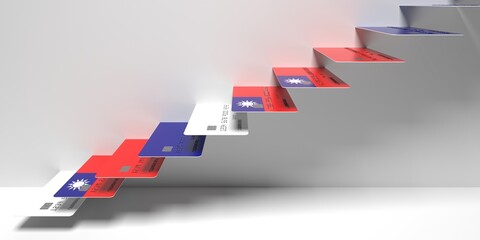 National flag of Taiwan on credit cards as stairs of a staircase. Financial upward trend conceptual 3D rendering