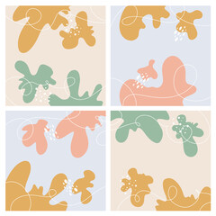 Vector set of four abstract backgrounds. Modern trendy illustration. Flat style. Every doodle object is isolated. Hand drawn backdrop with simple shapes, lines. Print for business card, invitation.