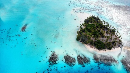 beautiful small Island in the Tuamoto From Bora Bora South Pacific. Make Whit Drone 