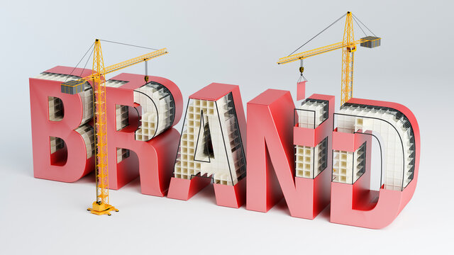 Brand building construction concept with cranes, 3D illustration