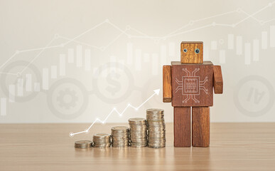 Saving and Investment concept by using Artificial intelligence procession. Stacking of coins with the wooden robot and business graphs background.