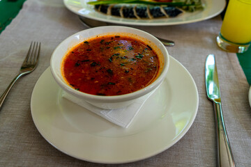 Traditional Georgian soup containing beef, rice, cherry plum puree and chopped walnuts