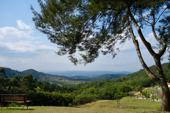 Landscape of mountains and a paceful country house in a mountainous rainforest region. Highlighted, a tree and a garden bench to observe the panorama.