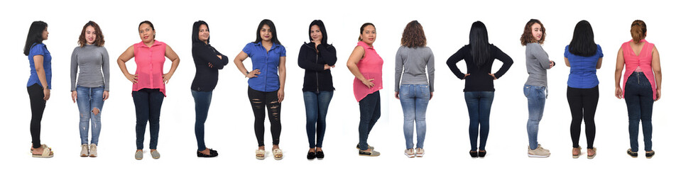 front, side and back view of a group of Latin American women on white background