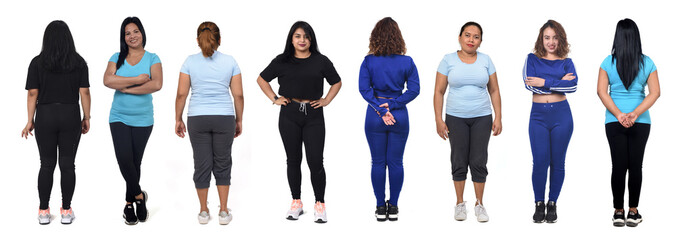 large group  back and front view of Latin American women with sportswear on white background