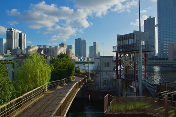 Obraz premium 佃島 下町夕景 佃大橋 住吉水門 住吉小橋