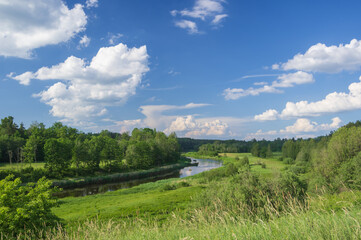 Obraz premium Beautiful landscape with view from the hill to Salaca river in Latvia on summer sunny day running among green meadows and forest. Beautiful blue sky with white clouds over it.