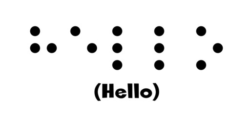 Slogan hello. World braille day, Blind day. Alphabet for blind, reading braille code signs. Vector sign or walking symbol. Text touching the relief hand finger. Louis Braille france Coupvray.