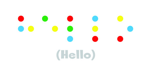Slogan hello.World braille day, Blind day. Alphabet for blind, reading braille code signs. Vector sign or walking symbol. Text touching the relief hand finger. Louis Braille france Coupvray.