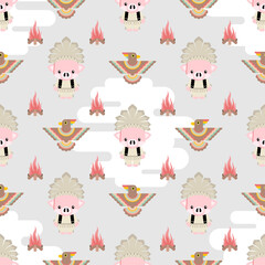 cute native american animal cartoon seamless pattern set