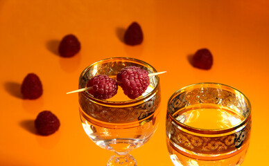 Glasses of alcohol on an orange background with berries.