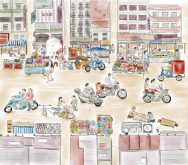 Aquarell-Illustration eines geschäftigen Lebensmittelstraßenmarktes in China. Es gibt Menschenmengen, die Motorräder fahren und Straßenverkäufer schreien.