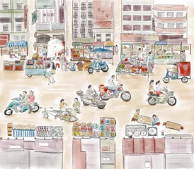 Fotobehang Keuken Waterverfillustratie van een drukke voedselstraatmarkt in China. Er zijn menigten rijden motorfietsen en straatverkopers schreeuwen.