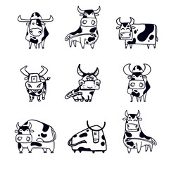 Fototapeta premium Illustrations of sketches of cartoon bulls, for design in the year of the bull, and can be used as a tattoo or logo. Children's clothing prints