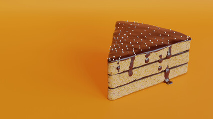 Chocolate biscuit cake slice with curl. Walnut cake slices on yellow background, fruit cake on orange isolated. Pile of Chocolate brownie. 3d rendering 