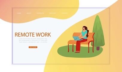 People in city, remote work, inscription on web banner, remote, work through network, design cartoon vector illustration. Human freelancer, work through Internet in park, young woman freelance online.