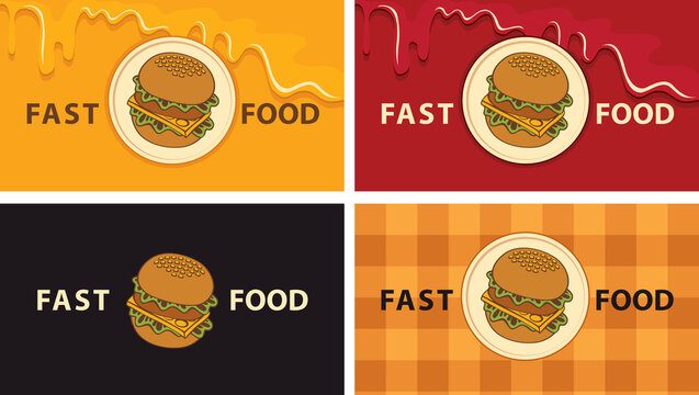 A set of business cards with a tasty burgers for a fast food restaurant. Vector illustration with a tasty hamburger or cheeseburger on various backgrounds, suitable for menu, flyer, banner, badge