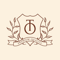 Vintage Badge Emblem With Floral, Banner Ribbon and Monogram Crest Frame Shield Logotype Vector Illustration Icon Isolated