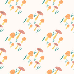 Isolated seamless simple pattern with mushroom silhouettes. White background with autumn wild fungus elements.