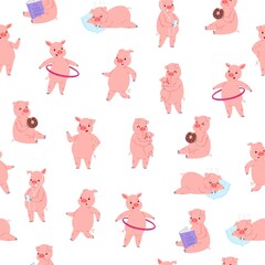 Piggy seamless pattern vector illustration. Cartoon flat cute little pig doing sport exercises, funny happy pet eating donuts, reading book or sleeping on cozy pillow. Domestic animal wallpaper design