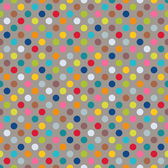 Fototapeta na wymiar Universal Abstract Minimalistic Graphic Seamless Pattern of Colorful Polka Dots on Brown Backdrop.