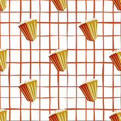 Bright cinema seamless doodle pattern with yellow popcorn silhouettes. White background with red check.