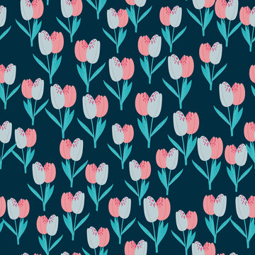 Little Tulip Silhouttes Seamless Pattern. Navy Blue Background With Pink And Blue Flowers.