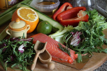 fresh fish, vegetables and spices for eat