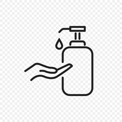 Hand antibacterial gel bottle line vector icon. Alcohol hands sanitizer use poster for corona prevention and hygiene. Medical liquid antiseptic soap bottle with pump sign. Disinfect/sanitize poster V2
