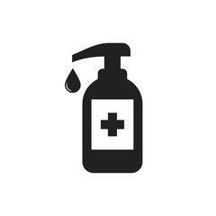 Bottle for hand sanitize with antibacterial gel vector icon. Alcohol or antiseptic soap cleanser with pump and liquid drop sign. Hand hygiene and disinfection symbol of sanitary cream dispenser V4