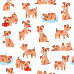 Puppy seamless pattern vector illustration. Cartoon flat cute happy little dog walking, funny pet eating bone food from bowl plate, sleeping on cozy pillow or playing. Domestic animal wallpaper design