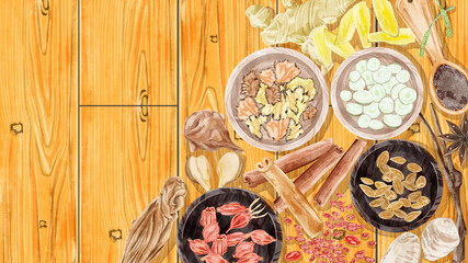 テーブルに並べられた漢方生薬イラスト